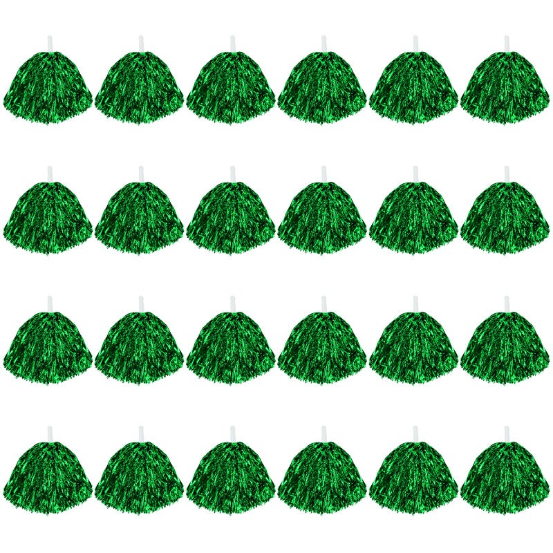 CUGBO 24Pcs Cheerleading Pom Poms, 1 Dozen Handle Metallic Foil Flower Ribbons Cheerleader Pompoms, Kids Children Ball Dance Sports Coaches Game Party Fancy (Green) - Image 1